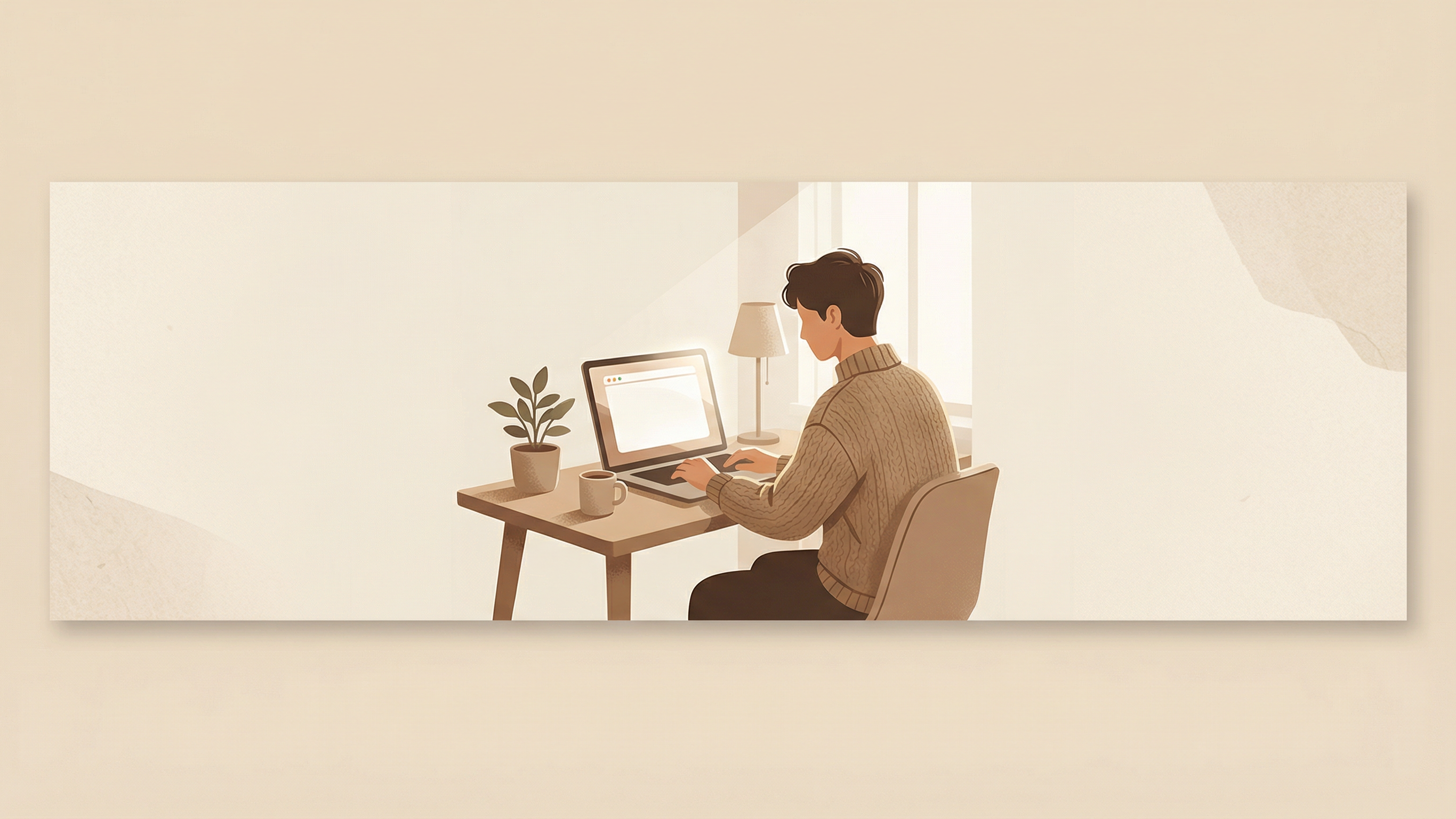 Illustration of person working at laptop in warm workspace